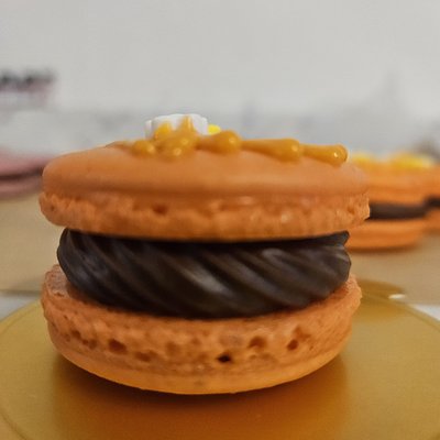 Chocolate ganache and caramel macarons 