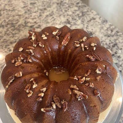 Glazed Sweet Potato Pound Cake Topped with Pecan Pieces