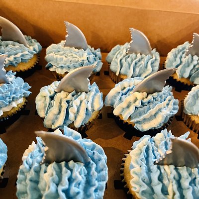 Shark Themed Vanilla Cupcakes Filled With Strawberry Jam