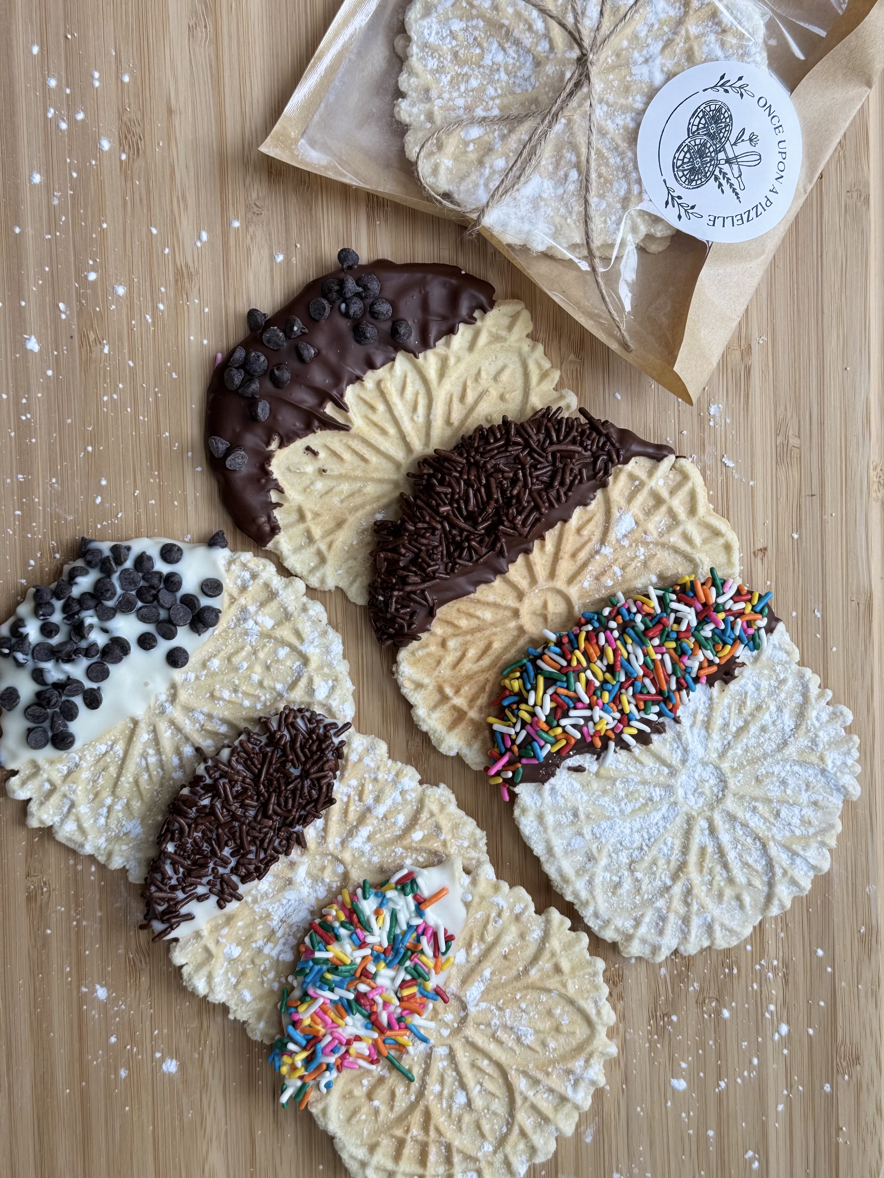 A Box Of CHOCOLATE DIPPED Pizzelles (One Dozen Cookies)