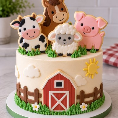 Farm Animals Celebration Cake With Cookies