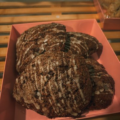 4 Dark Chocolate Espresso Sourdough Scones W/ Sweet Espresso Glaze