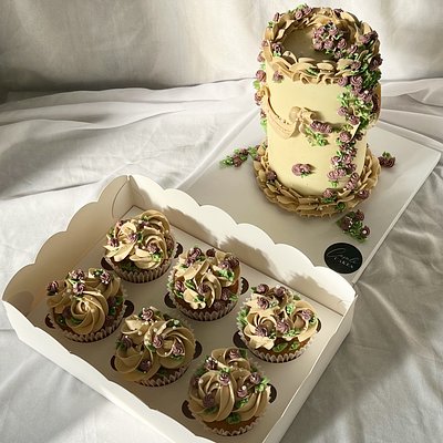Tall 4 Inch Cake And 6 Matching Cupcakes