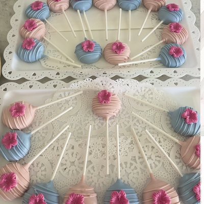 (custom)Specialty Tier Pops — $45+ per dozen  Character designs, special shapes, chocolate molds, edible images, bows, and more detailed/custom designs. Pricing varies depending on design and detail.