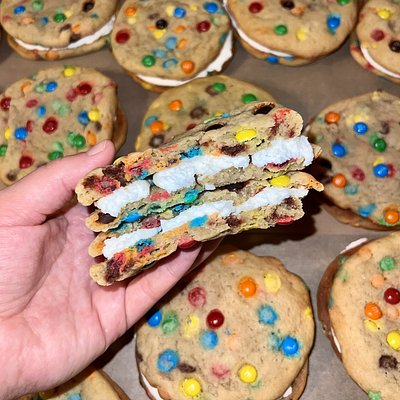 Soft Baked M&M Cookie Sandwiches 