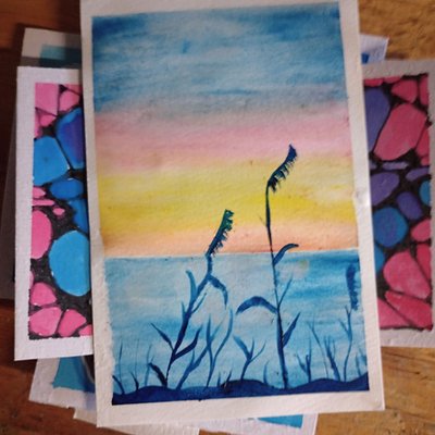 Watercolor Postcard Blue Beach Landscape