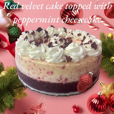 Red Velvet Cake Topped With Peppermint Cheesecake.