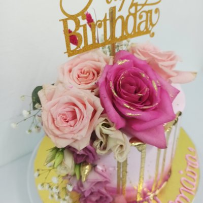 Pink Roses Gold Drip Cake 8” 