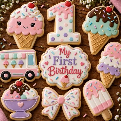 First Birthday Ice Cream Party Sugar Cookie