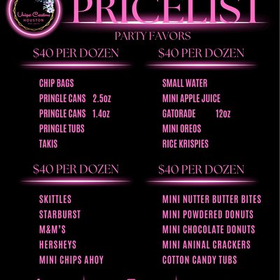Party Favors Price List 