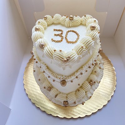 White And Golden Heart Shape Cake 8 Inche