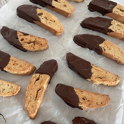 Chocolate Dipped Almond Sourdough Biscotti 