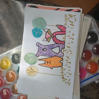  Watercolor Postcard Rabbit Bear Fox Trees 