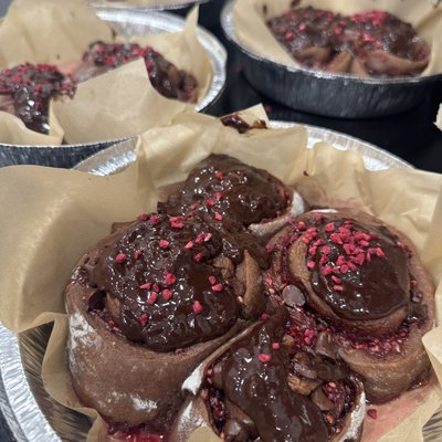 Raspberry Cocoa Sourdough Sweet Rolls 8in Pan