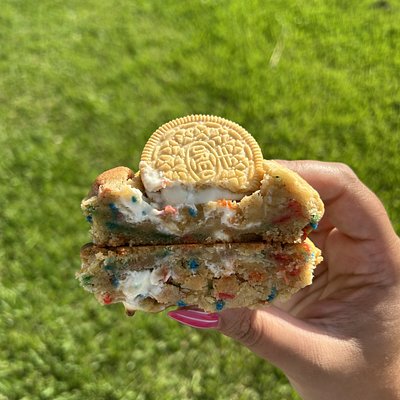 White Chip Funfetti Stuffed Cookie