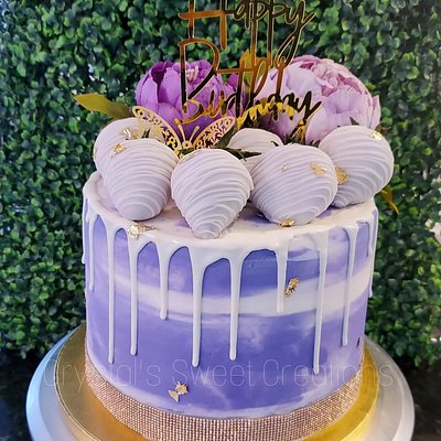 8" Triple Layered Velvet Vanilla Cake with Half Dz Chocolate Covered Strawberries 