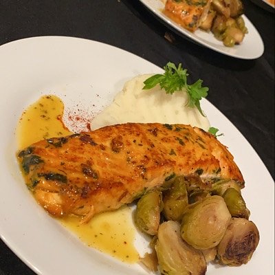 Pan Seared Salmon & Garlic Mashed Potatoes & Brussel Sprouts 