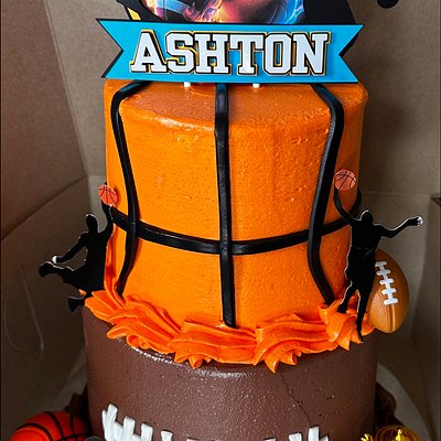 Two Tier Sports Themed Cake With Custom Topper (Buttercream)