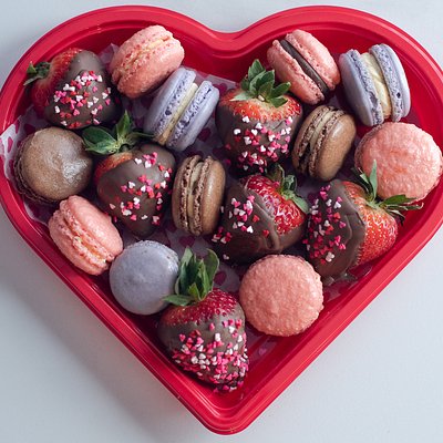 Valentine’s  Steawberties, French Macarons  Assortment Heart Shaped Box 
