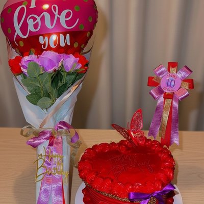 Cake, Ribbon And Bouquet Bundle