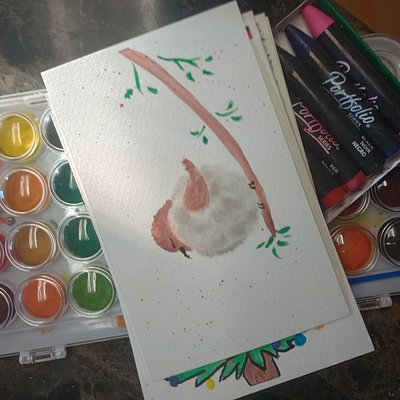  Watercolor Postcard brown And Grey Bird On Branch 