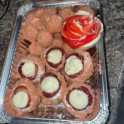 Strawberry And Grape Crumble Tray With A Cheesecake Sauce 