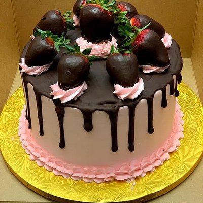 6” Two Layer Cake W/ Drip And Chocolate Covered Strawberries 