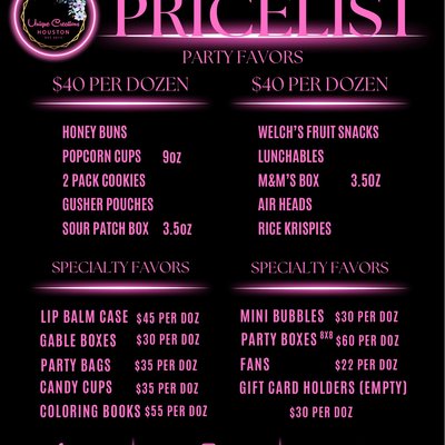 Party Favors Price List 