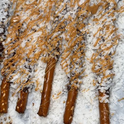 Chocolate Covered Coconut Pretzels Drizzled With Peanut butter 