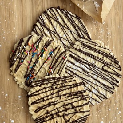 A Box Of CHOCOLATE DRIZZLED Pizzelles (One Dozen Cookies)