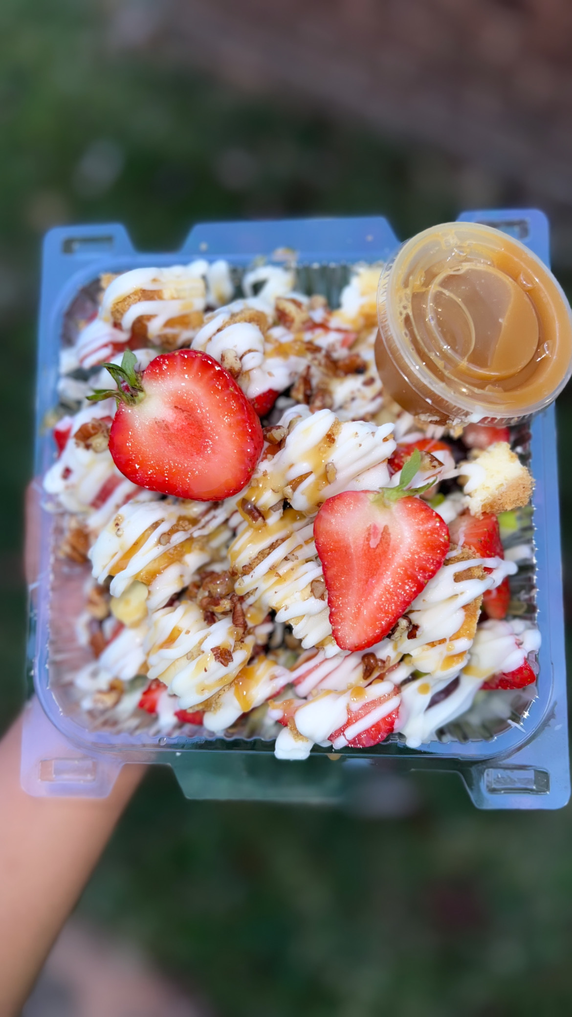 Cheesecake Fruit Salad Top’d W/ Carmel & Pecans 