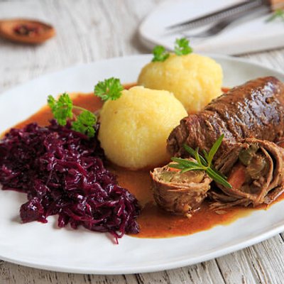 Beef Rouladen with Potato Dumplings and Red Cabbage (serves 6-8)