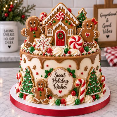 Christmas Gingerbread Celebration Cake With Cookies