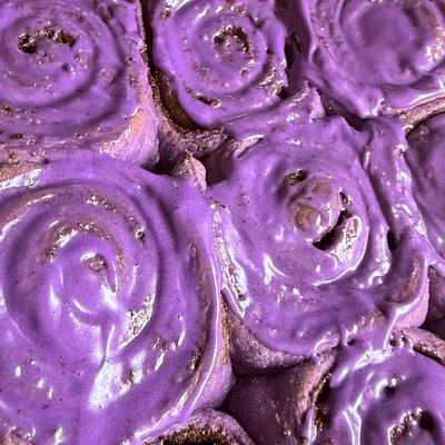 Ube Cinnamon Rolls:     Pre-order at least One Day in Advanced          $5 Each; $26/half dozen; $43/doz)