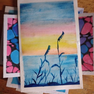Watercolor Postcard Blue Beach Landscape