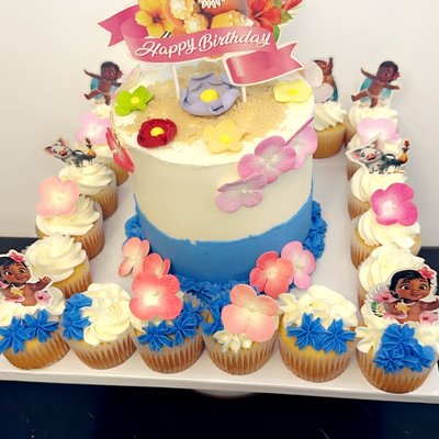 Celebration Board Cake And Cupcakes