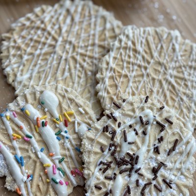 A Platter Of CHOCOLATE DRIZZLED Pizzelles (3 Dozen Cookies)