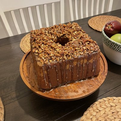 Mile High Sweet Potato Pound Cake with Sticky Pecan Caramel Glaze