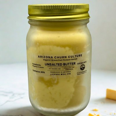 Large Glass Jar Organic Grass-Fed Pasture-Raised Unsalted Butter (1lb)
