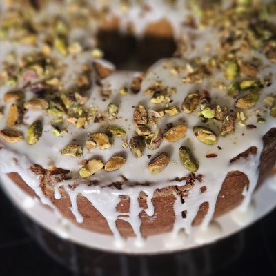 Pistachio pound cake with Almond Glaze 
