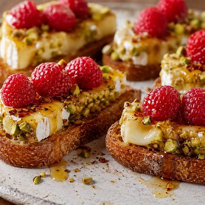 Pistachio Crusted Brie Crostini with Raspberries & Hot Honey 