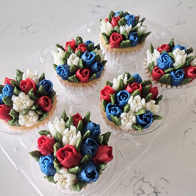 Red, White, & Blue Floral Cupcakes 6 Count 