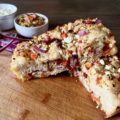 Mediterranean Focaccia w/ Olive Salad, Sun-Dried Tomatoes, Red Onion & Feta