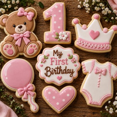 Little Brown Bear Girl First Birthday Sugar Cookie