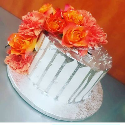 Orange Flowers And Silver  Drip Cake