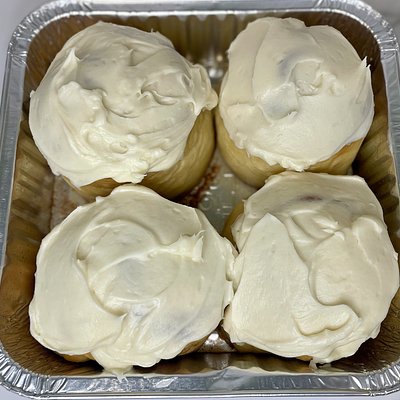 Pan Of 2 Milk Bun Cinnamon Rolls With Cream Cheese Frosting 