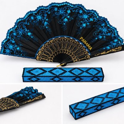 🇵🇦 Panama Treasures | Black & Turquoise Sequin Fan – Bold Elegance & Tradition