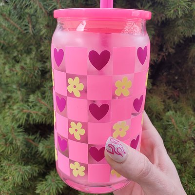 🌼Spring Checkered Color Changing Glass Tumbler 