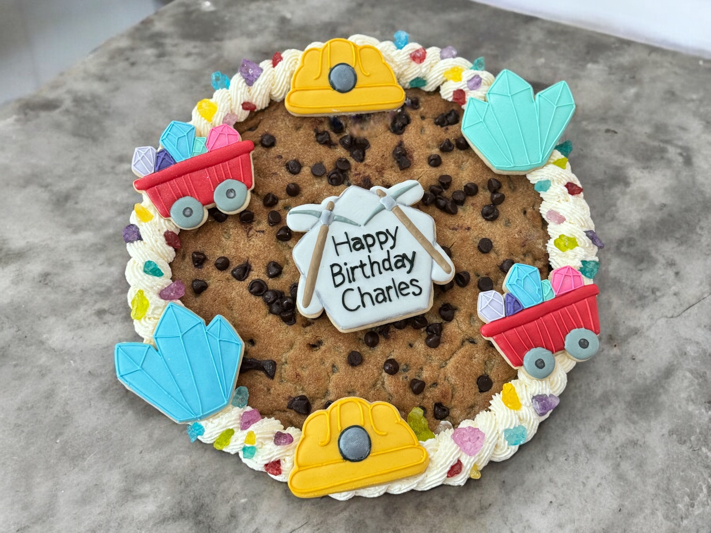 CUSTOM 10 Inch Chocolate Chip Cookie Cake with 6 mini & 1 Standard Size Royal Icing Cookies