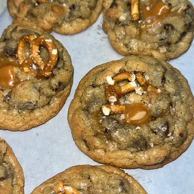 Salted Pretzel Caramel Chocolate Chip Cookie